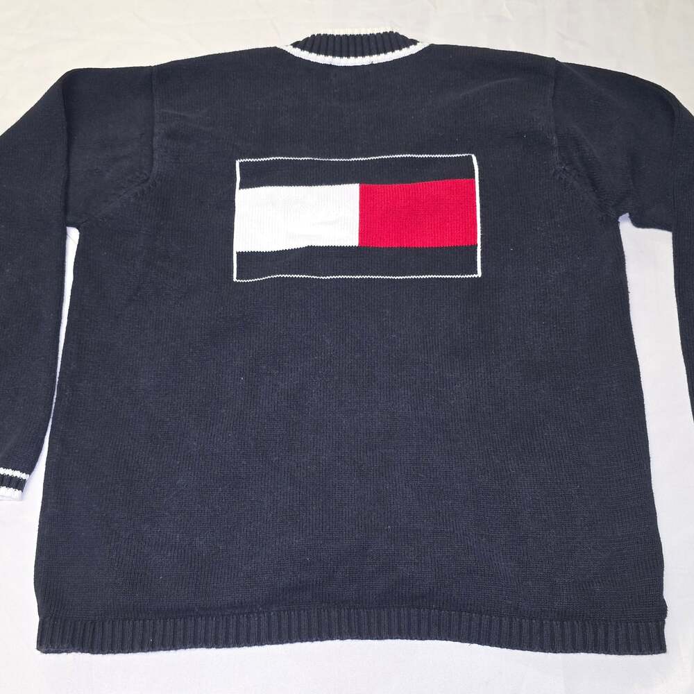 Tommy Hilfiger Navy Blue Cardigan Sweater with Flag Logo, Size S, Made in India